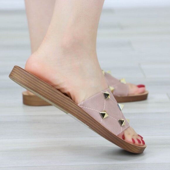 Blush Flat Comfort Flexible Sandal Slip On Sliders Trendy Gold Studs Glittery To - Picture 13 of 15